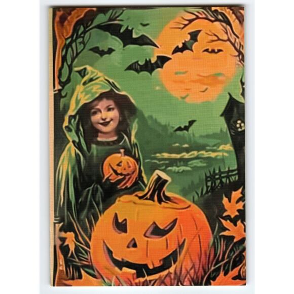 Vintage Halloween Photochrome Postcard Girl with Jack-o'-Lanterns - Picture 1 of 2